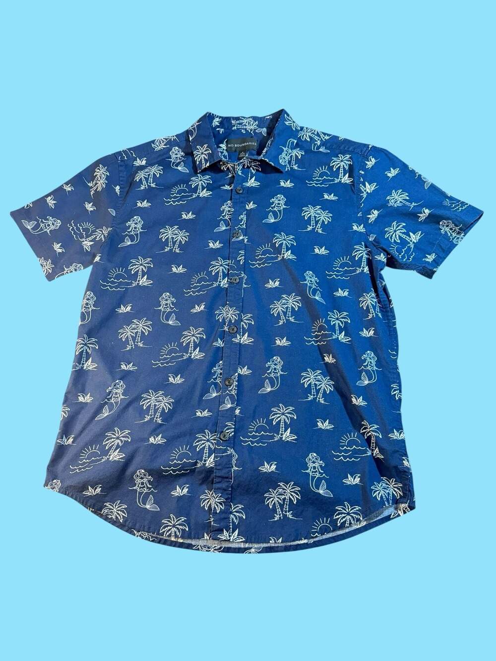No Boundaries Men's Navy Blue Mermaid and Palm Tree Island Print Button Up Shirt